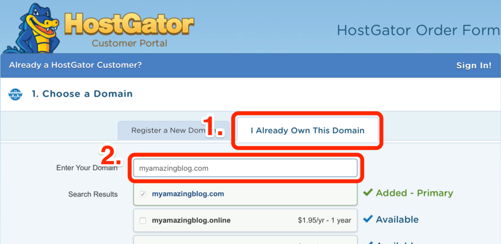 Choose domain on HostGator to create WordPress blog